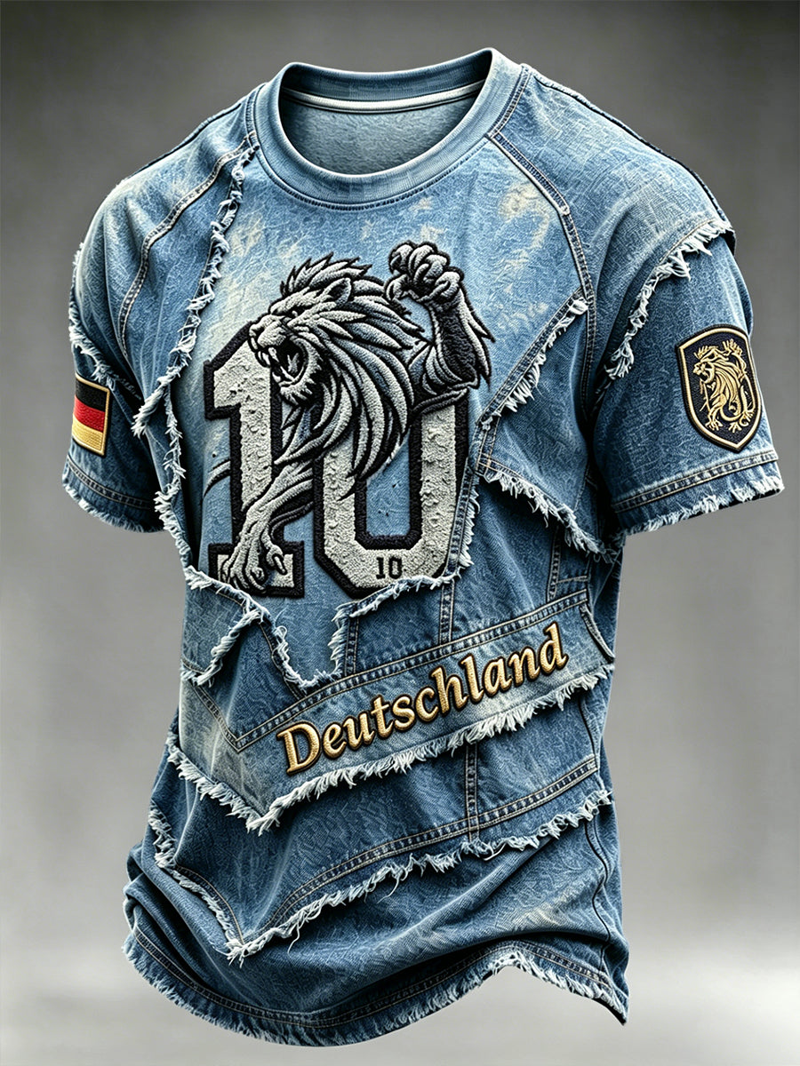 Herren Deutsches Löwen-Fußball-Patchwork-Print Freizeit-T-Shirt