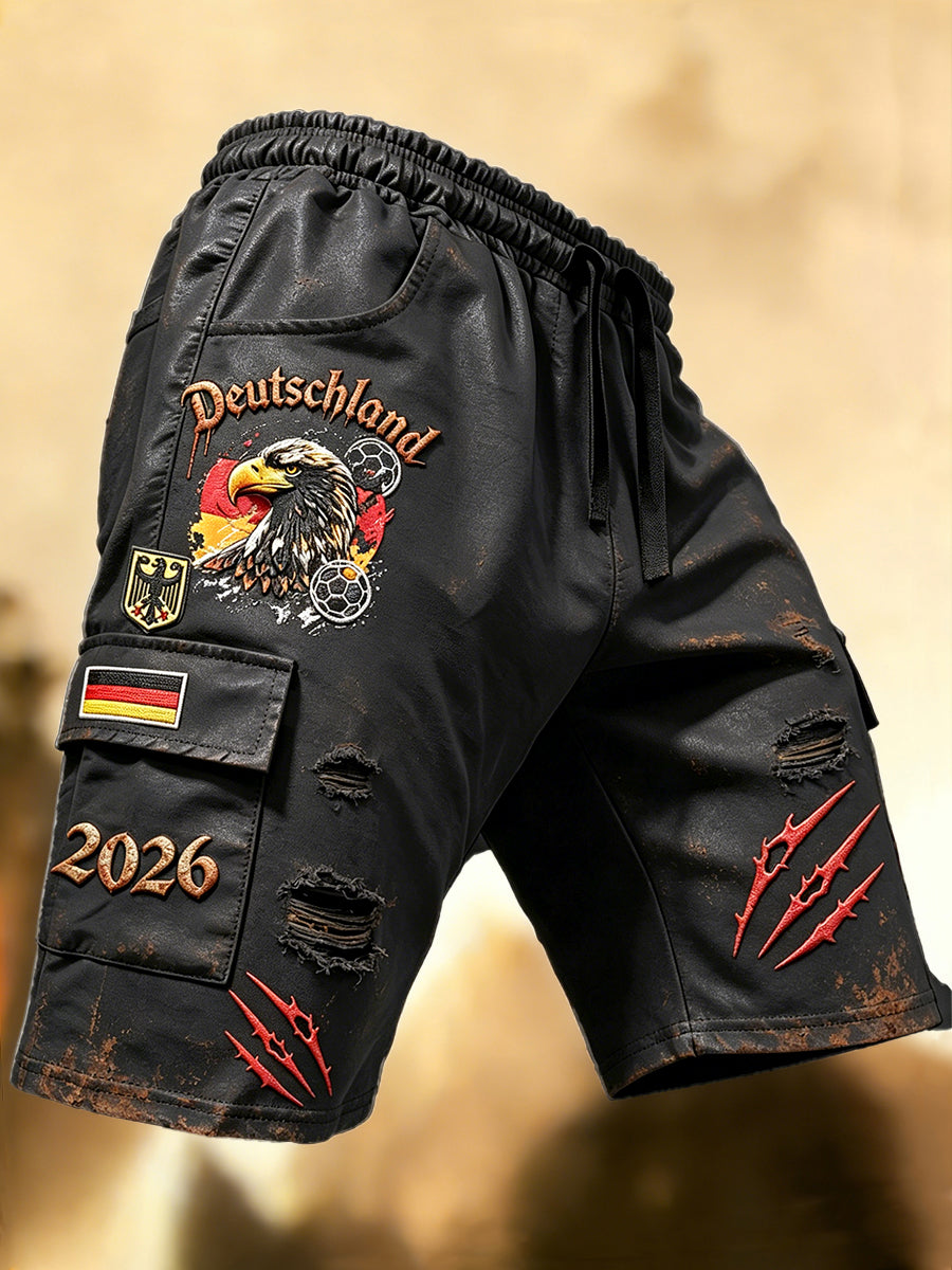 Herren Schwarz Deutsche Fußball-Druck Hole-Effekt Freizeit-Sport-Shorts