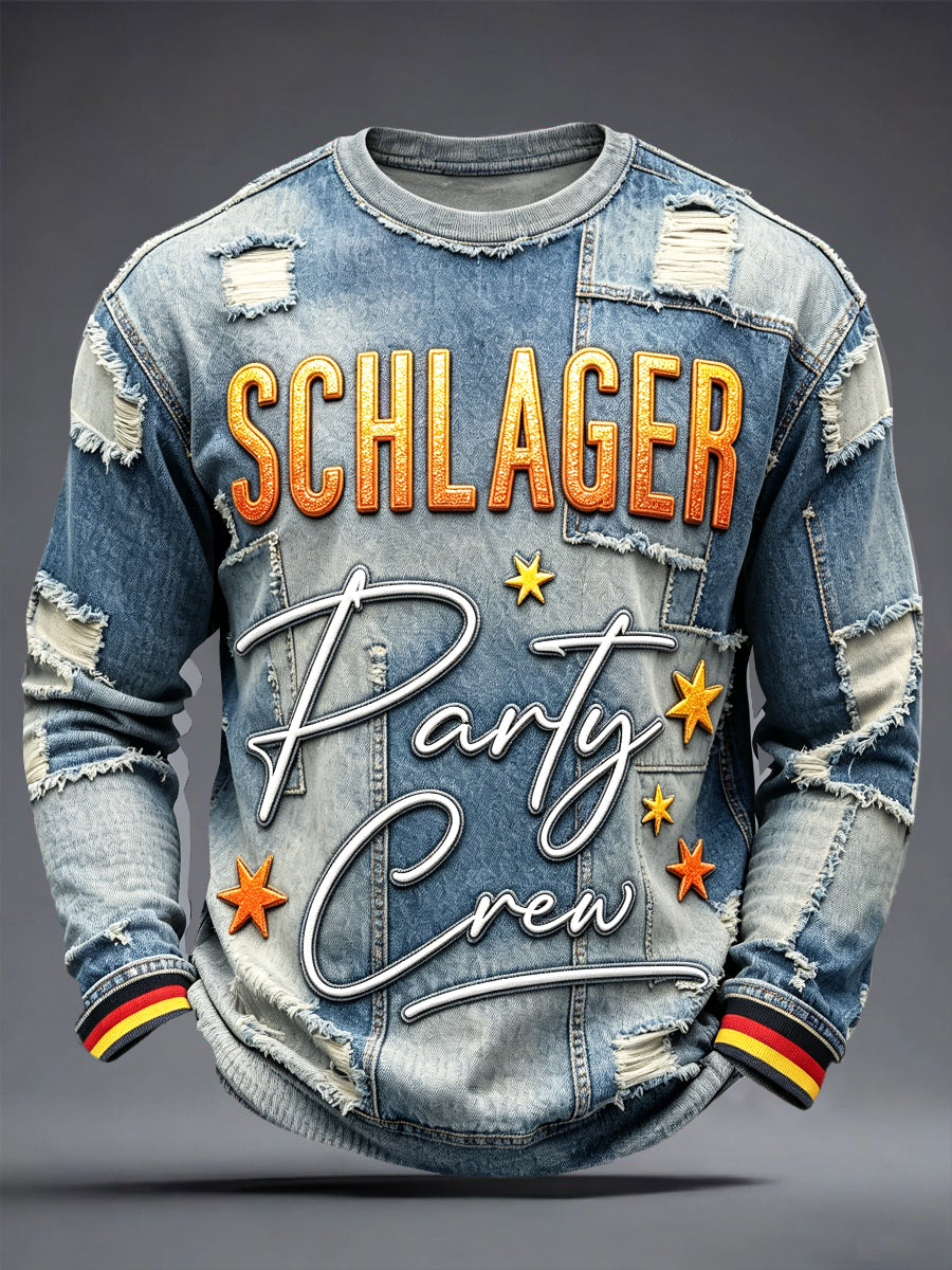 Herren Retro Deutsches Schlager move Denim-Stil Patchwork-Print lässiges Langarm-T-Shirt
