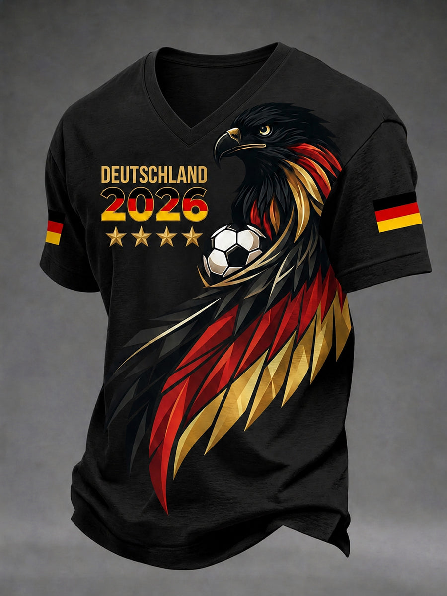 Herren-T-Shirt mit V-Ausschnitt und Fußballmotiv für deutsche Fans