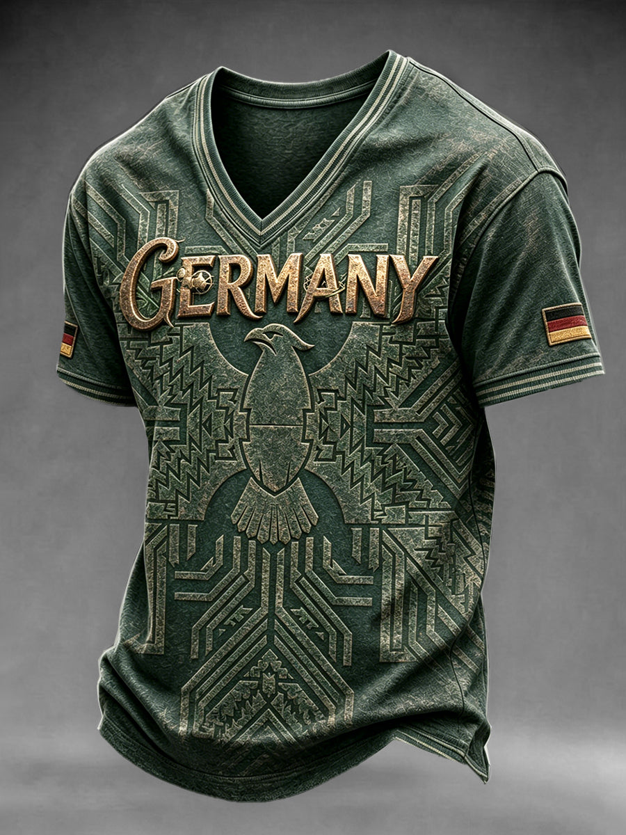 Herren-Retro-T-Shirt in Grün mit 3D-Druckmotiv zum deutschen Fußball, lässig, V-Ausschnitt