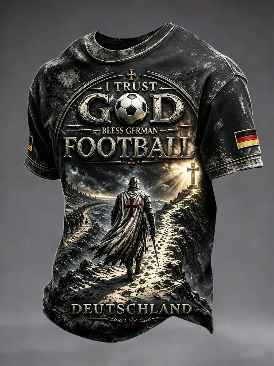Herren-Retro-T-Shirt in Schwarz mit deutschem Fußballritter-Print, lässig geschnitten