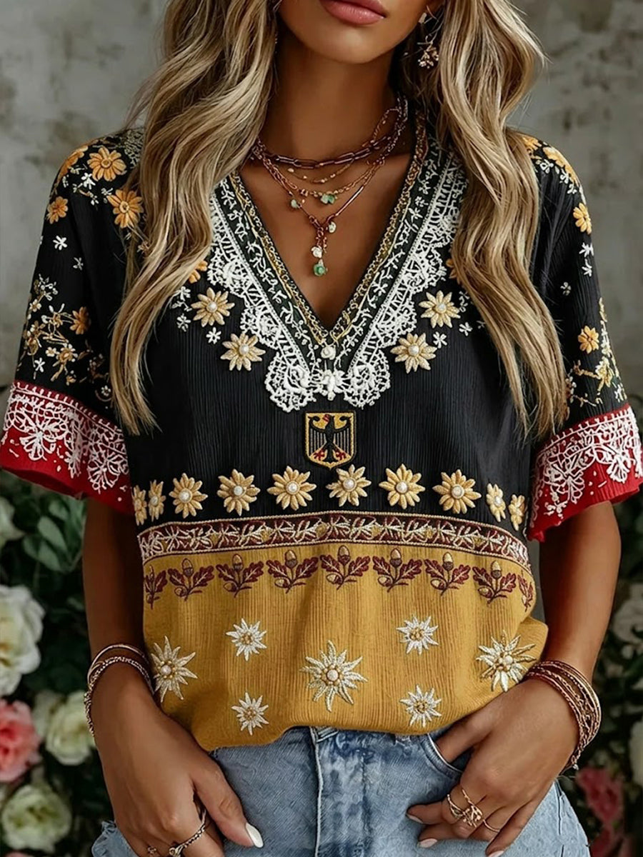 Damen-Boho-T-Shirt mit deutschem Blumenmuster, mittellange Ärmel und V-Ausschnitt
