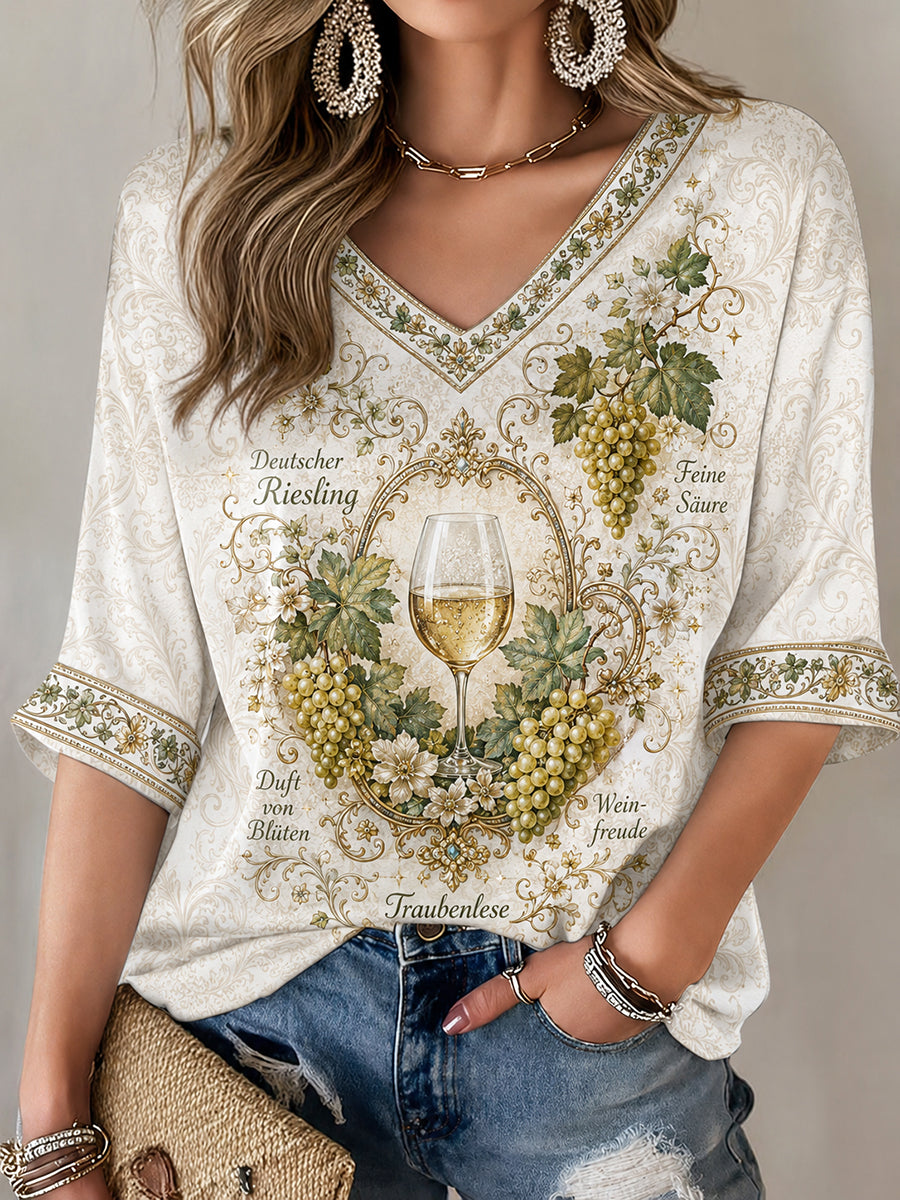 Damen-T-Shirt mit Riesling-Weinberg-Print und mittellangen Ärmeln