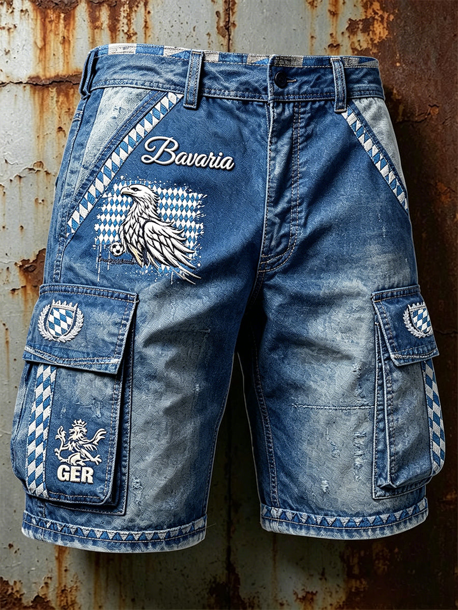 Herren Deutsch Bayerische Diamant-Patchwork-Denim-Print Freizeit-Arbeits shorts