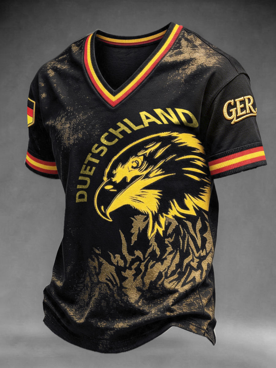 Herren-T-Shirt in Schwarz mit deutschem Fußball-Adler-Print, lässiger V-Ausschnitt