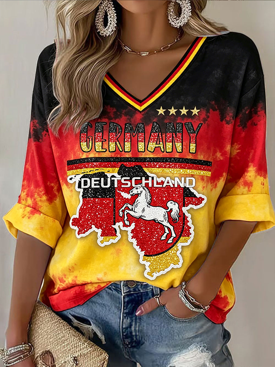 Damen Deutsch Sachsen Gradienten druck Casual T-Shirt mit V-Ausschnitt
