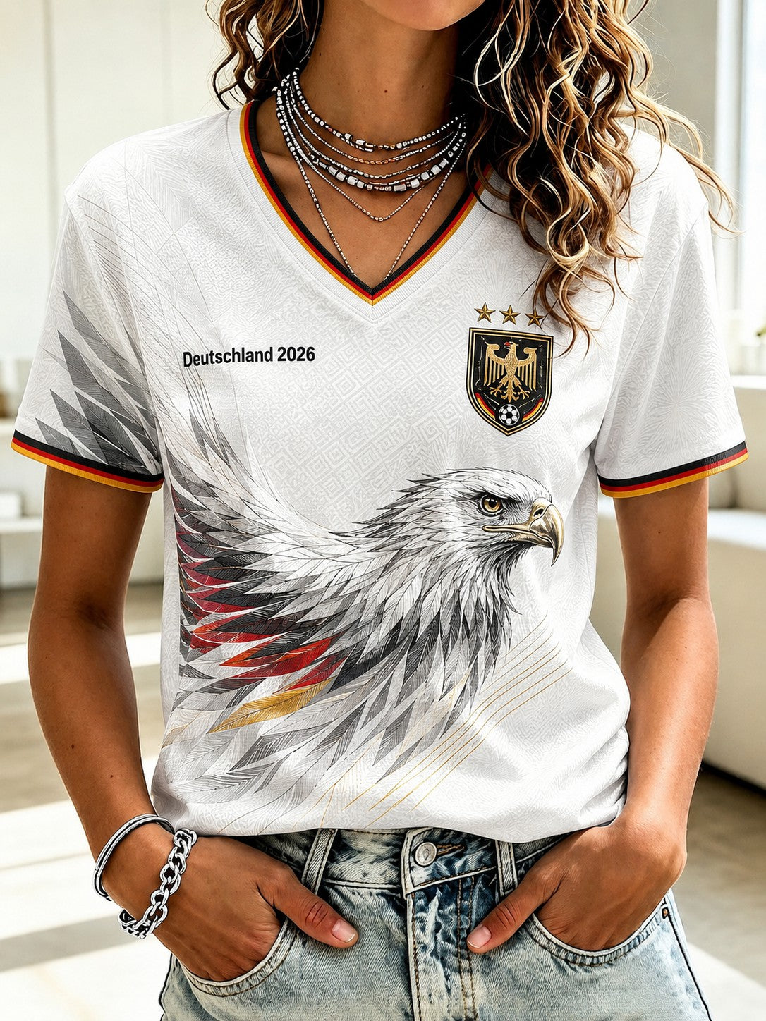 Damen-T-Shirt mit V-Ausschnitt und Fußball-Print, Deutschland