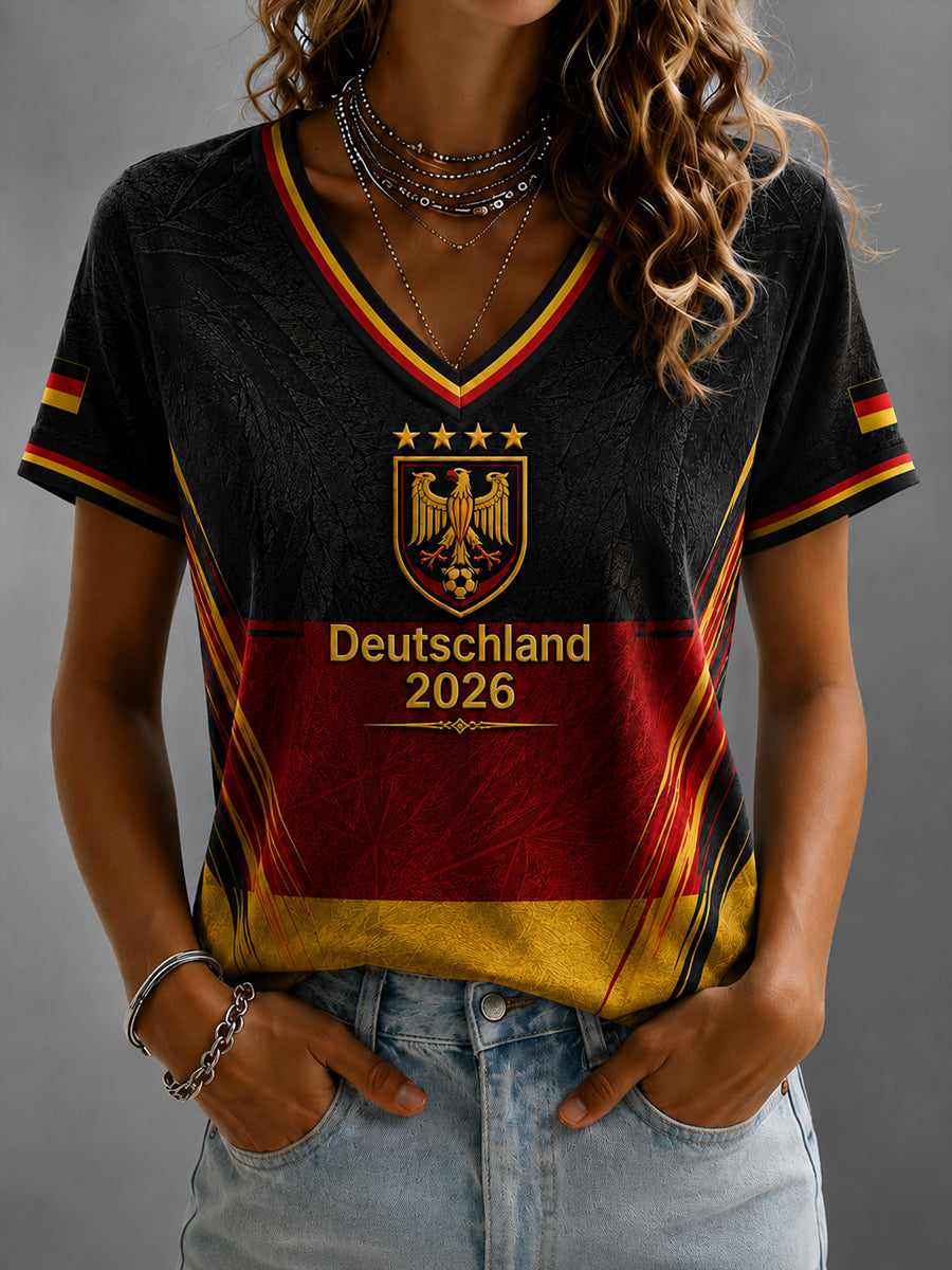 Damen-Fußballfan-T-Shirt mit Deutschland-Print und V-Ausschnitt