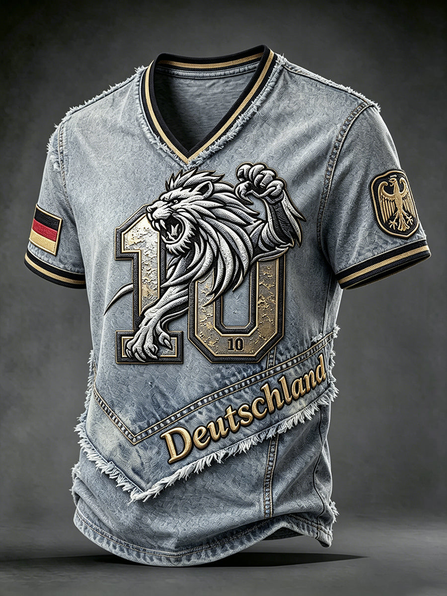 Herren Deutsche Fußball Adler Cowboy Patchwork Print Freizeit T-Shirt mit V-Ausschnitt