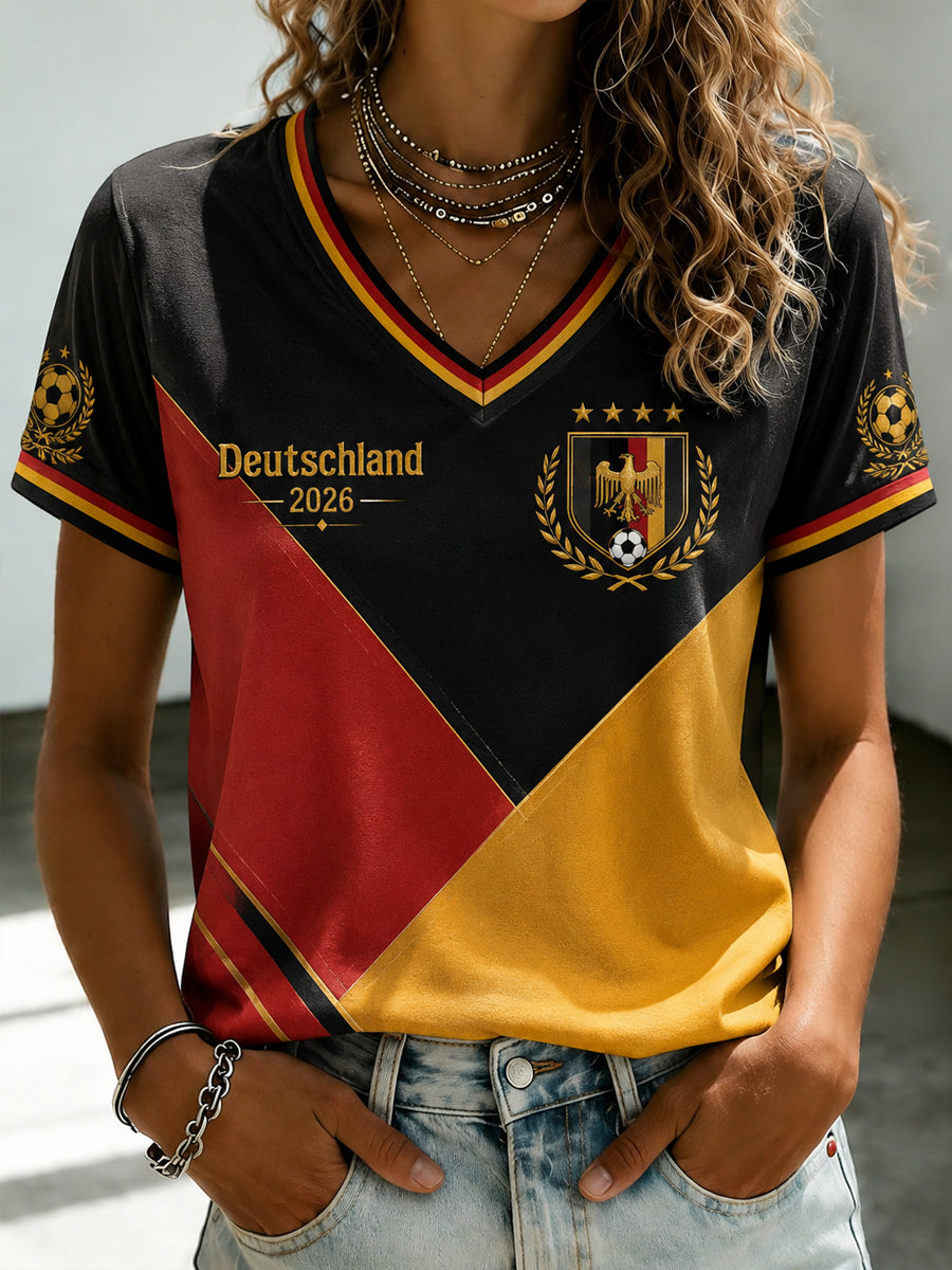 Damen-Fußballfan-T-Shirt mit Deutschland-Print und V-Ausschnitt