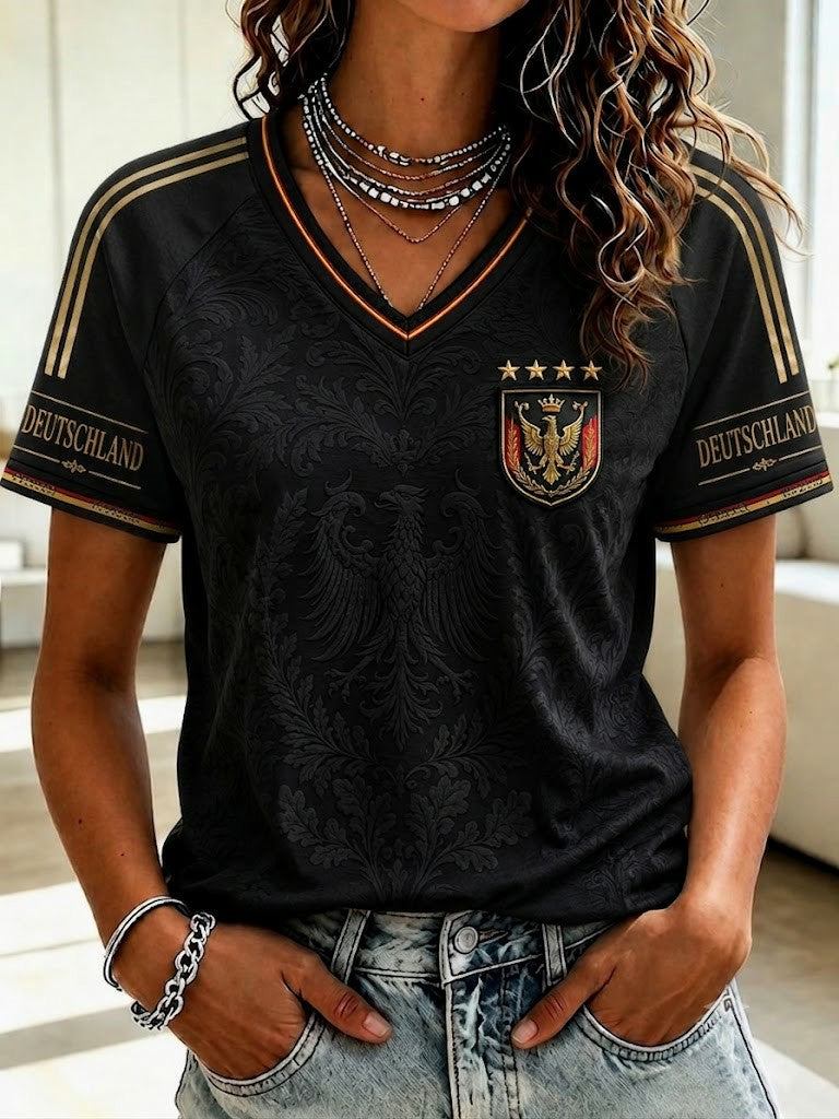 Damen-Fußball-T-Shirt aus Deutschland mit V-Ausschnitt und Aufdruck
