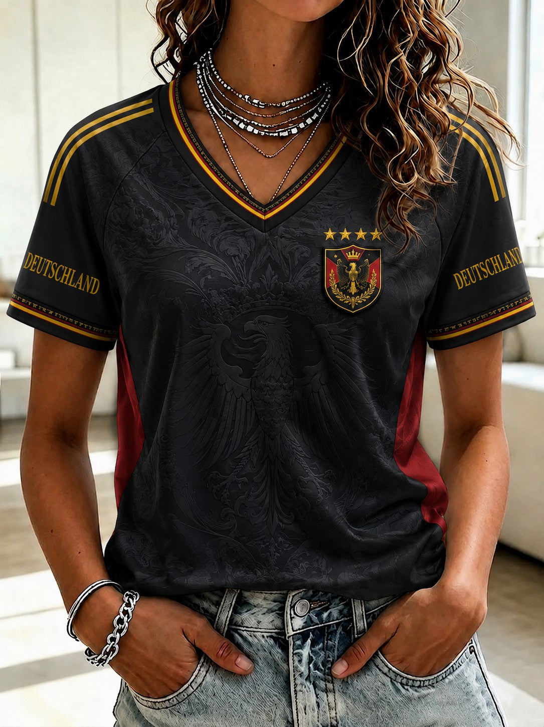 Damen-Fußball-T-Shirt aus Deutschland mit V-Ausschnitt und Aufdruck