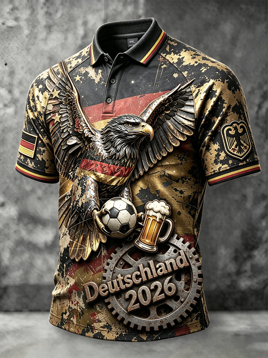 Herren-Poloshirt im Punk-Stil mit 2026-Print der deutschen Fußball‑Eagles, lässig geschnitten