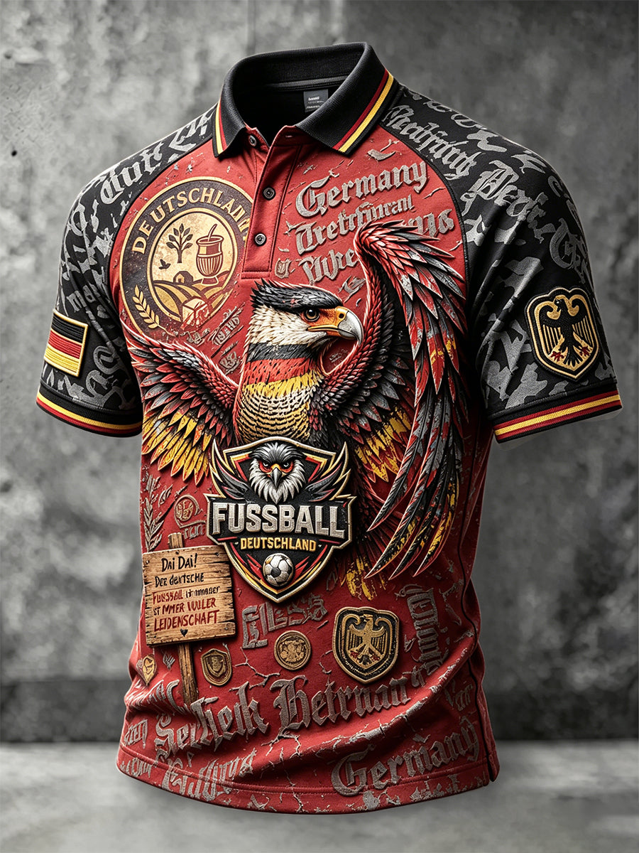 Herren deutsche Fußball Adler Retro Patchwork Print Freizeit Polo Shirt