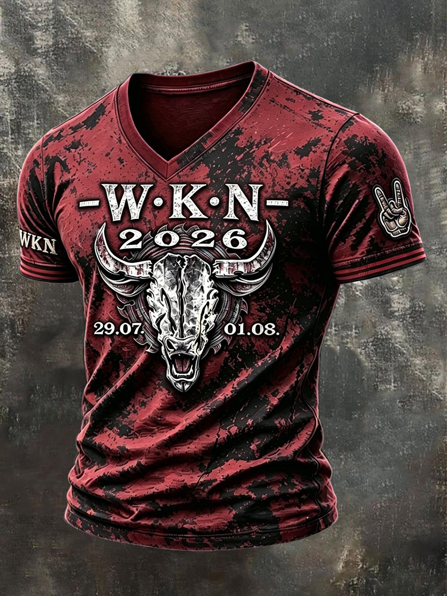 Herren-Rotes T-Shirt im Punk-Stil mit V-Ausschnitt und Wacken-Open-Air-Print – lässig und modisch