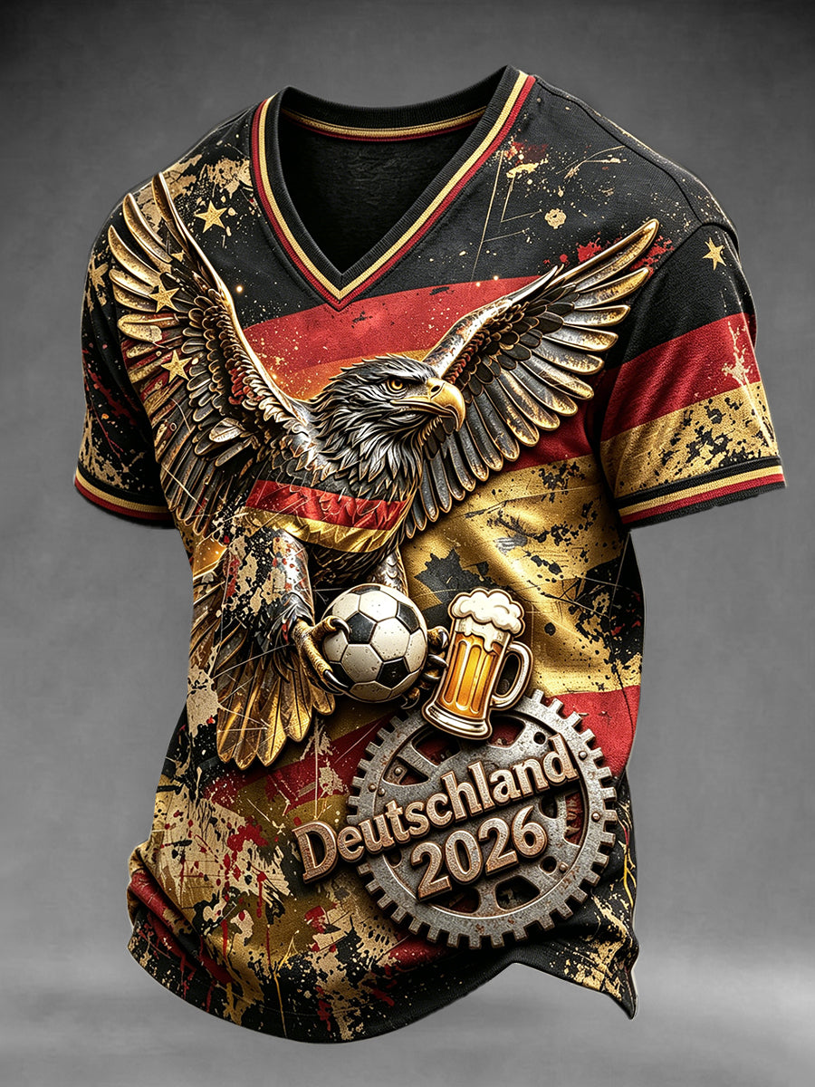 Herren-T-Shirt mit Fußball-Print und V-Ausschnitt im deutschen Adler-Stil – lässig