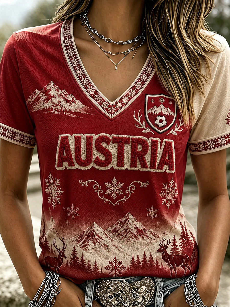 Damen-T-Shirt mit Fußballmotiv aus Österreich, lässiger V-Ausschnitt