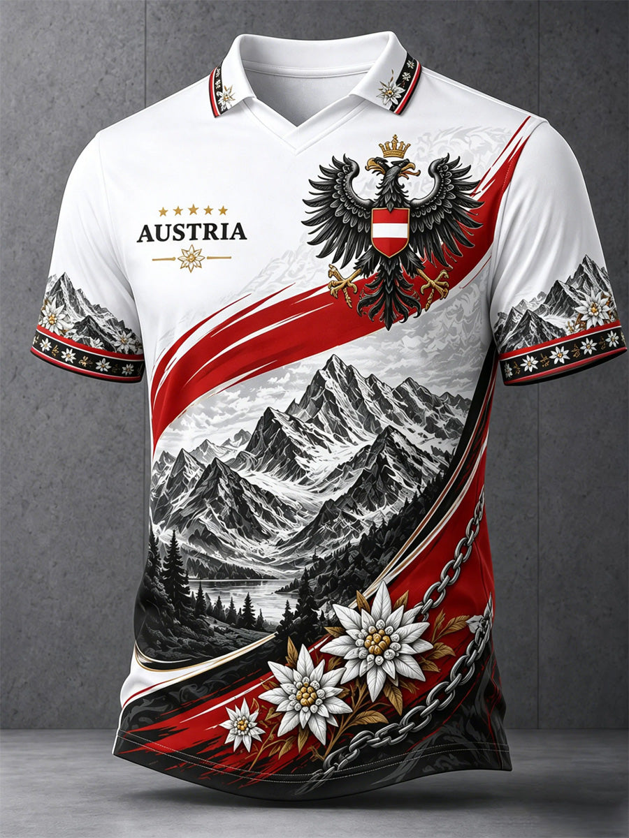 Herren-Polo mit Motiven österreichischer Berglandschaften, lässiger Druck
