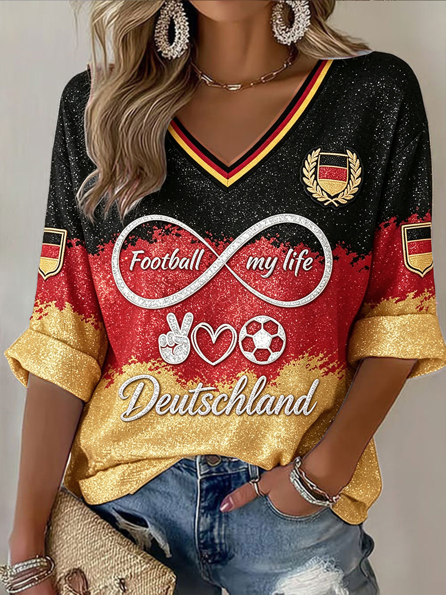 Damen-T-Shirt mit V-Ausschnitt 2026 Fußball-Pailletten-Druck, lässig, Mode