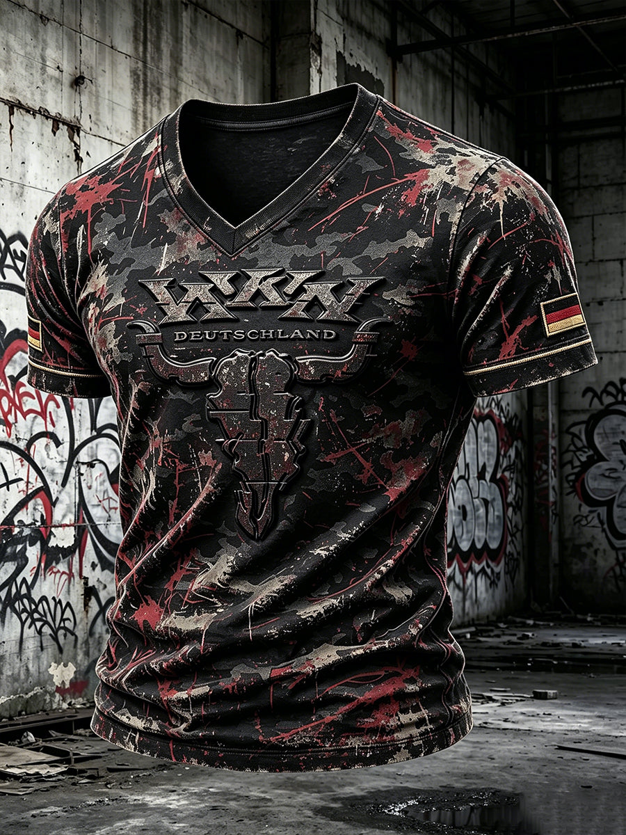 Herren-Retro-Camouflage-T-Shirt im Wacken-Metal-Festival-Design, lässig mit V-Ausschnitt