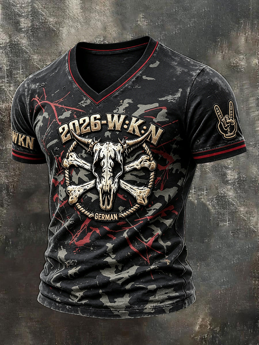 Herren-Retro-T-Shirt im deutschen Wacken-Metal-Festival-Stil mit Tarnmuster und lässigem V-Ausschnitt