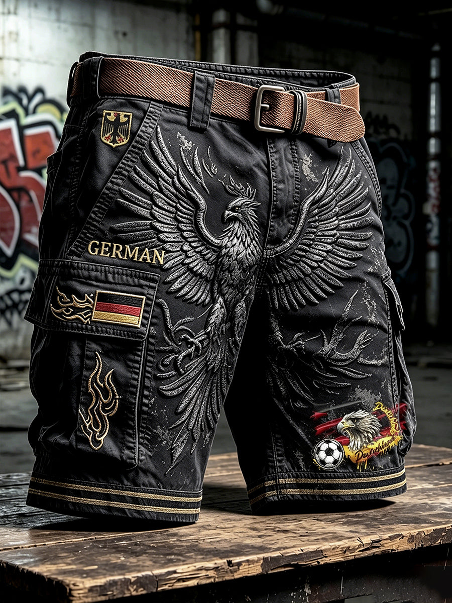 Herren-Shorts in Schwarz mit deutschem Fußballadler-Print für Freizeit und Arbeit