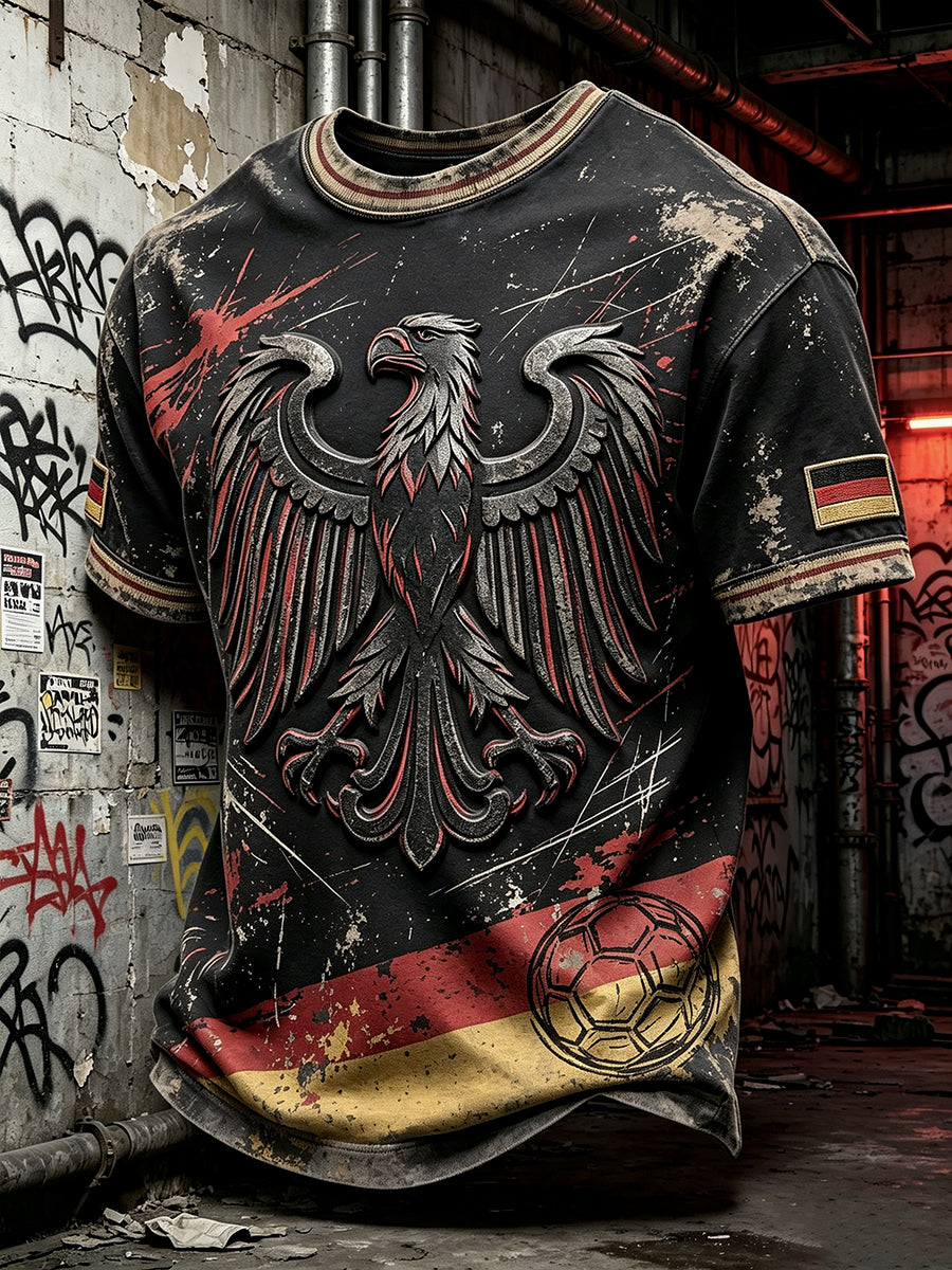 Herren-Retro-T-Shirt in Schwarz mit deutschem Fußball-Print, lässige Mode
