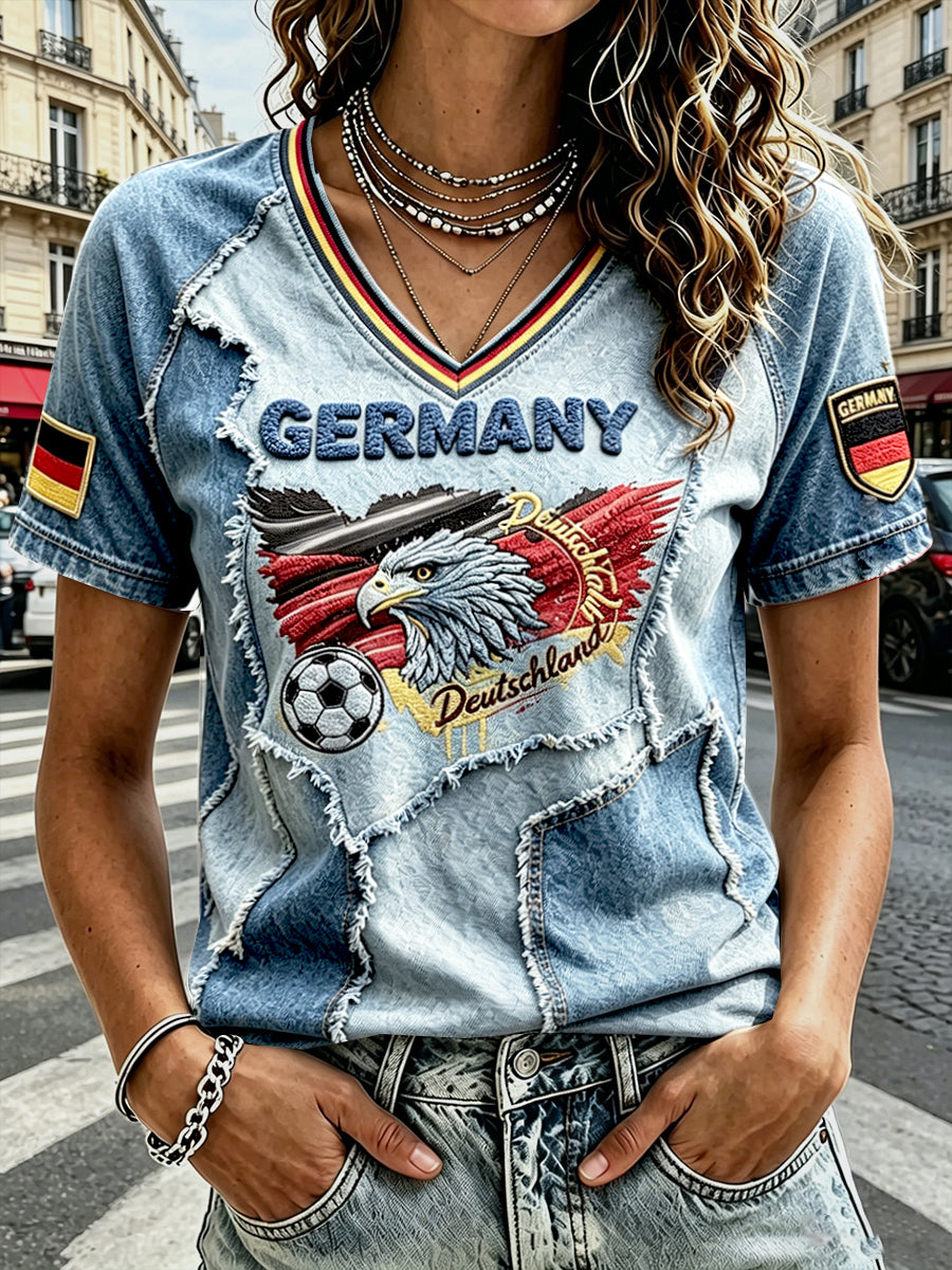 Frauen Deutsche Fußball Adler Cowboy Patchwork Print Freizeit T-Shirt mit V-Ausschnitt