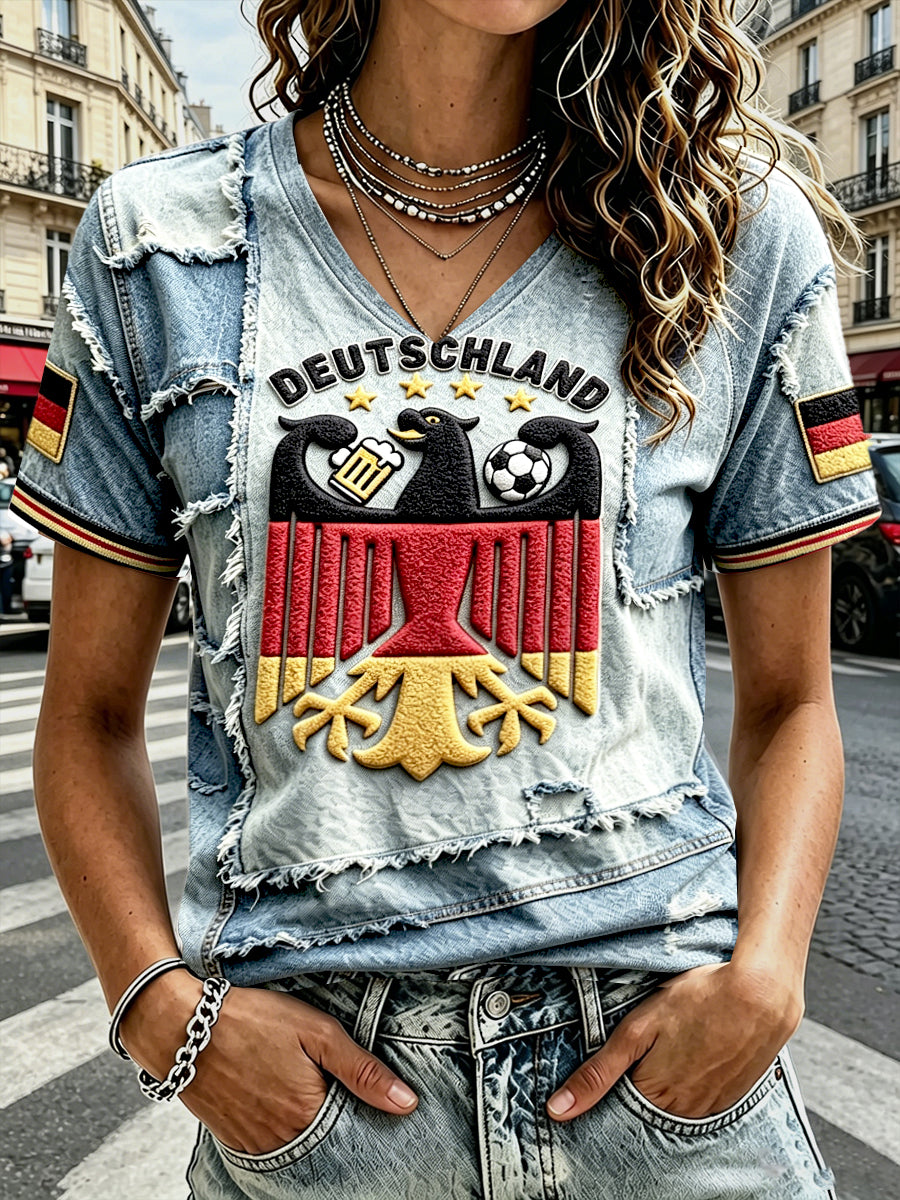 Frauen deutsches Fußball-Patchwork-Print-T-Shirt mit lässiger V-Ausschnitt