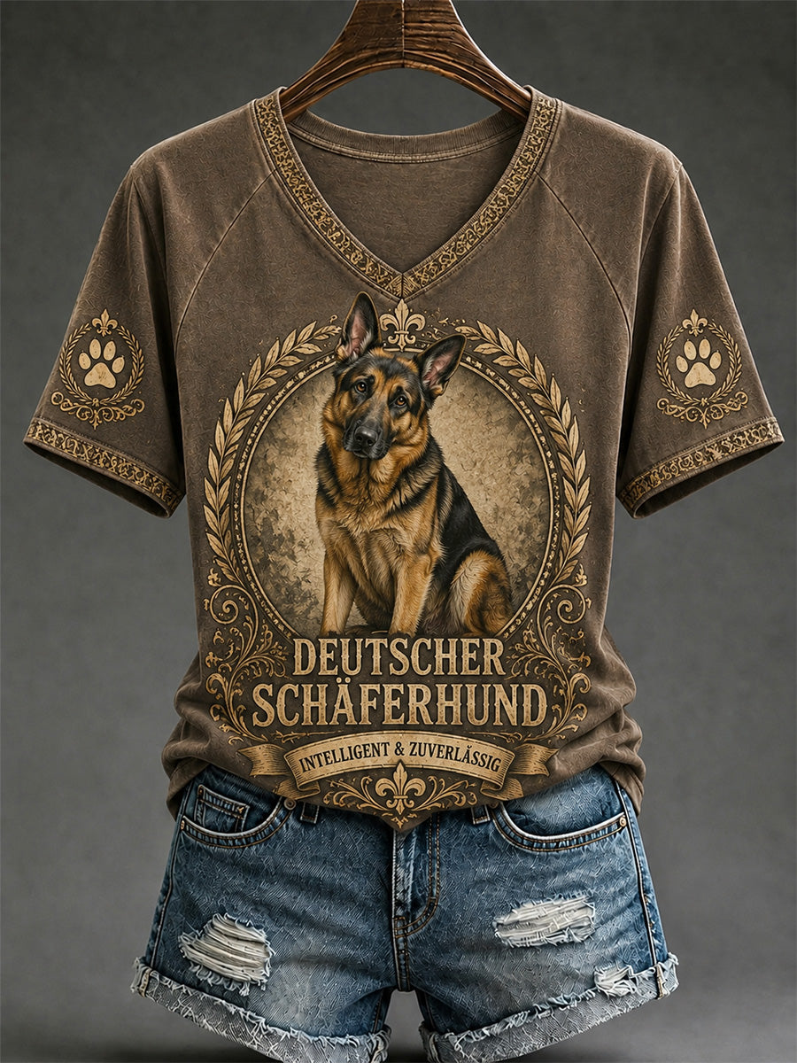 Damen-Retro-T-Shirt mit Hunde-Print und V-Ausschnitt, lässig geschnitten