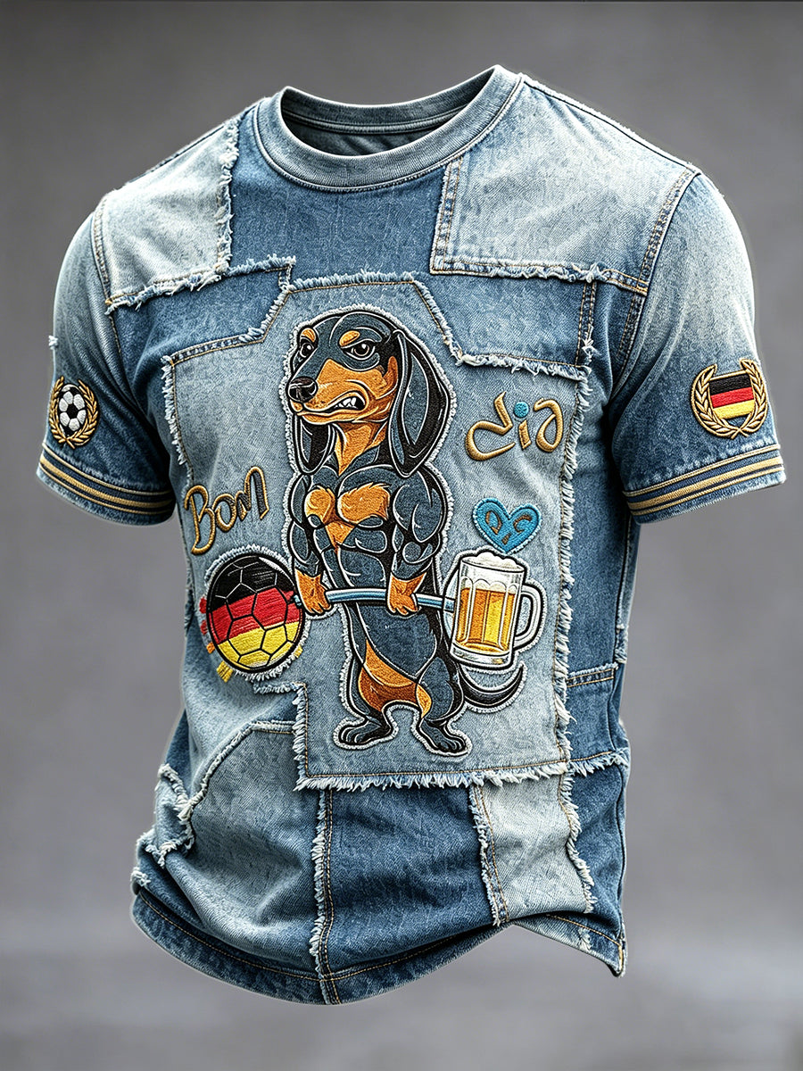 Herren Vintage Jeans Patchwork Deutscher Fußball Welpen druck Casual T-Shirt
