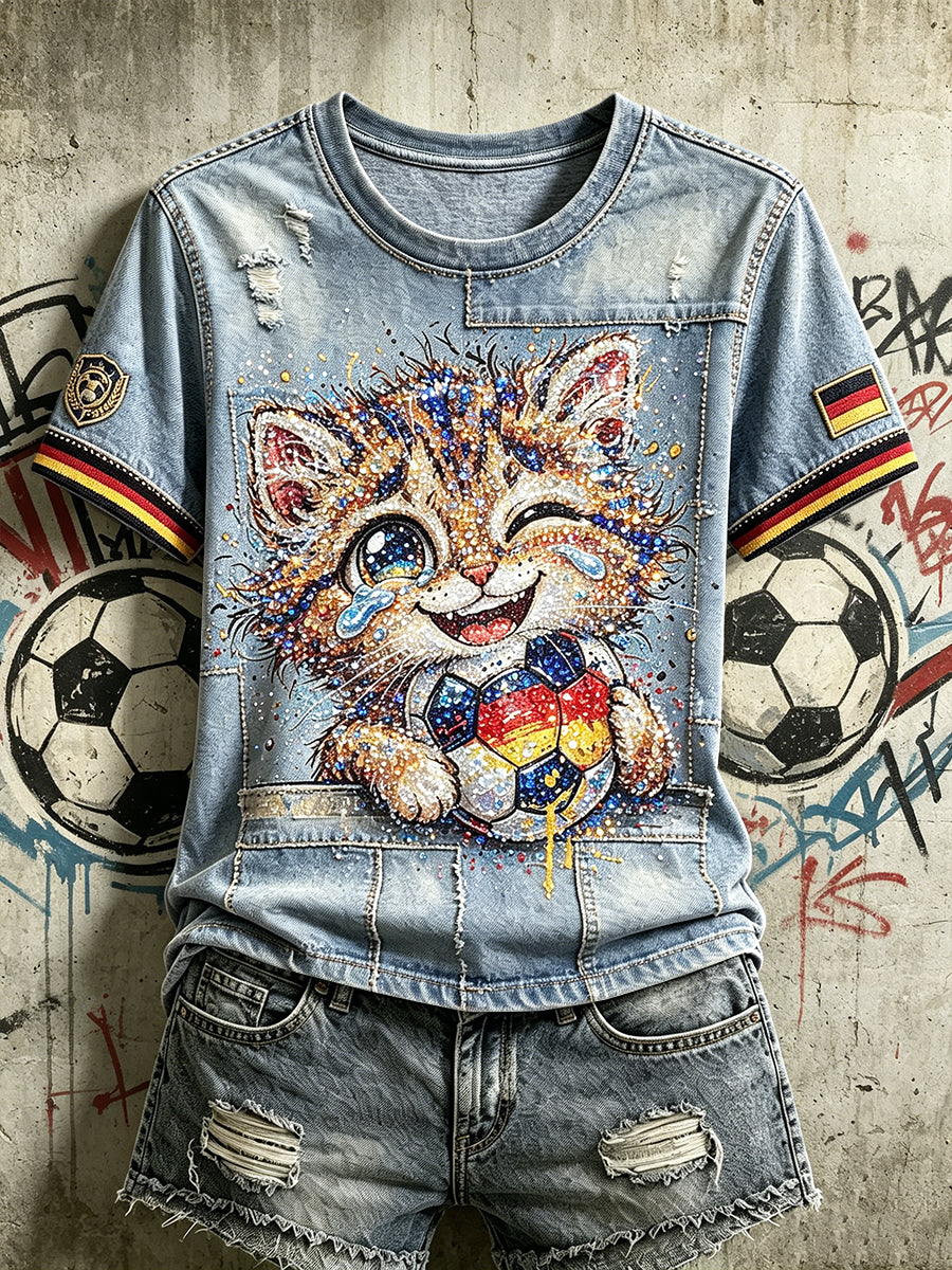 Damen Vintage Denim Patchwork deutscher Fußball Niedliches Kätzchen-Print-T-Shirt