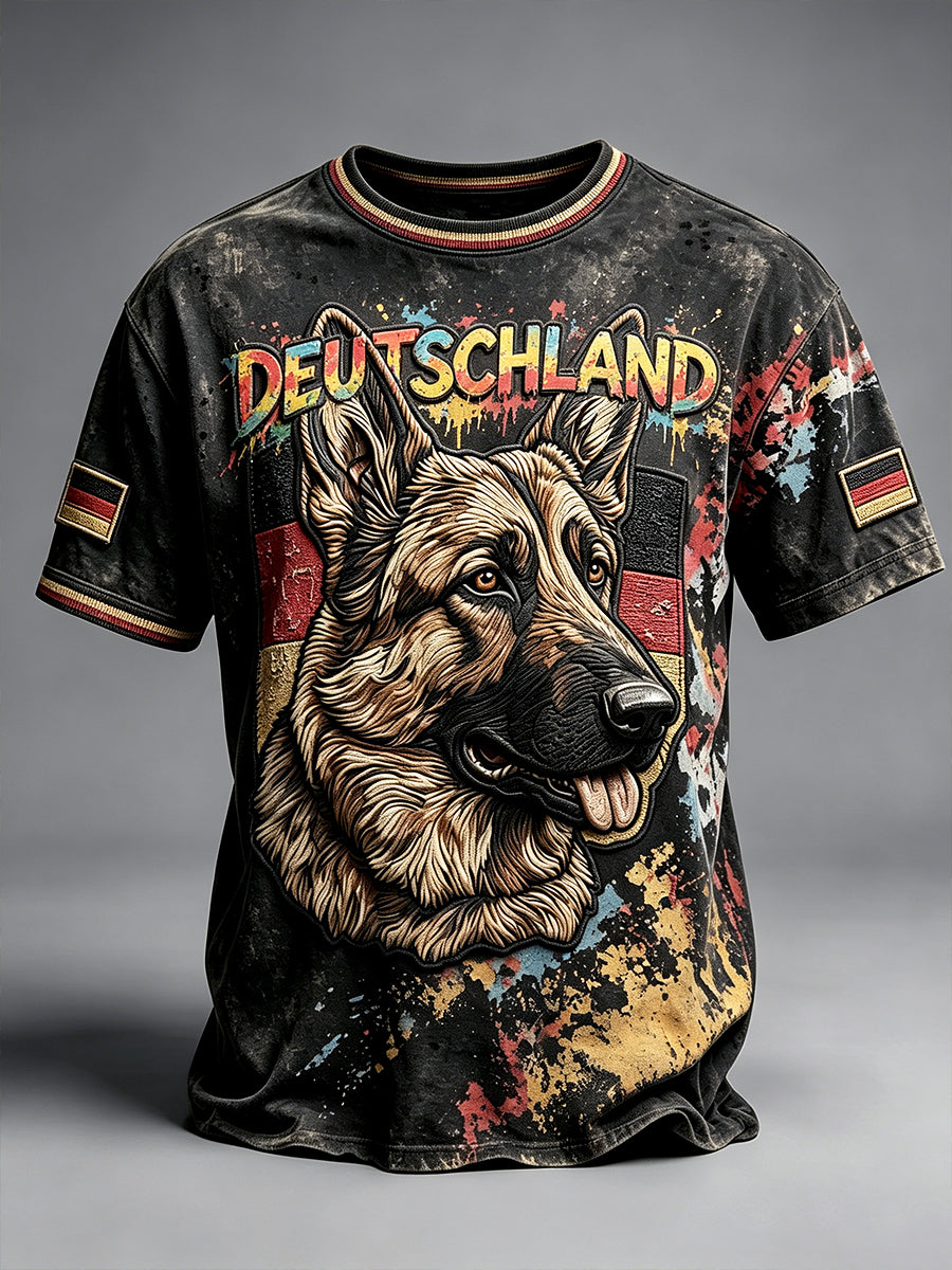 Herren schwarze deutsche Flagge Deutscher Schäferhund Graffiti Print Casual T-Shirt