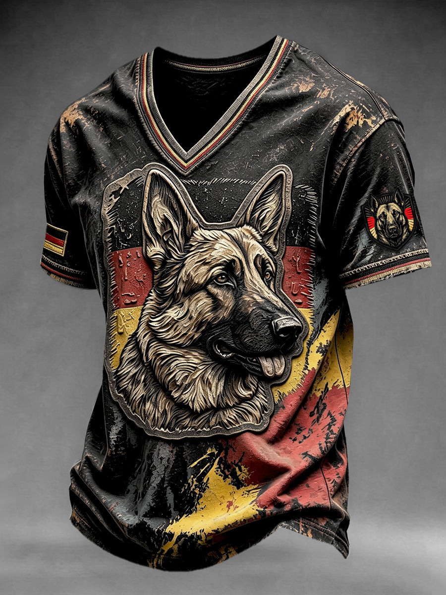 Herren Retro Schwarz Deutsche Flagge Deutscher Schäferhund Print Lässiges T-Shirt mit V-Ausschnitt