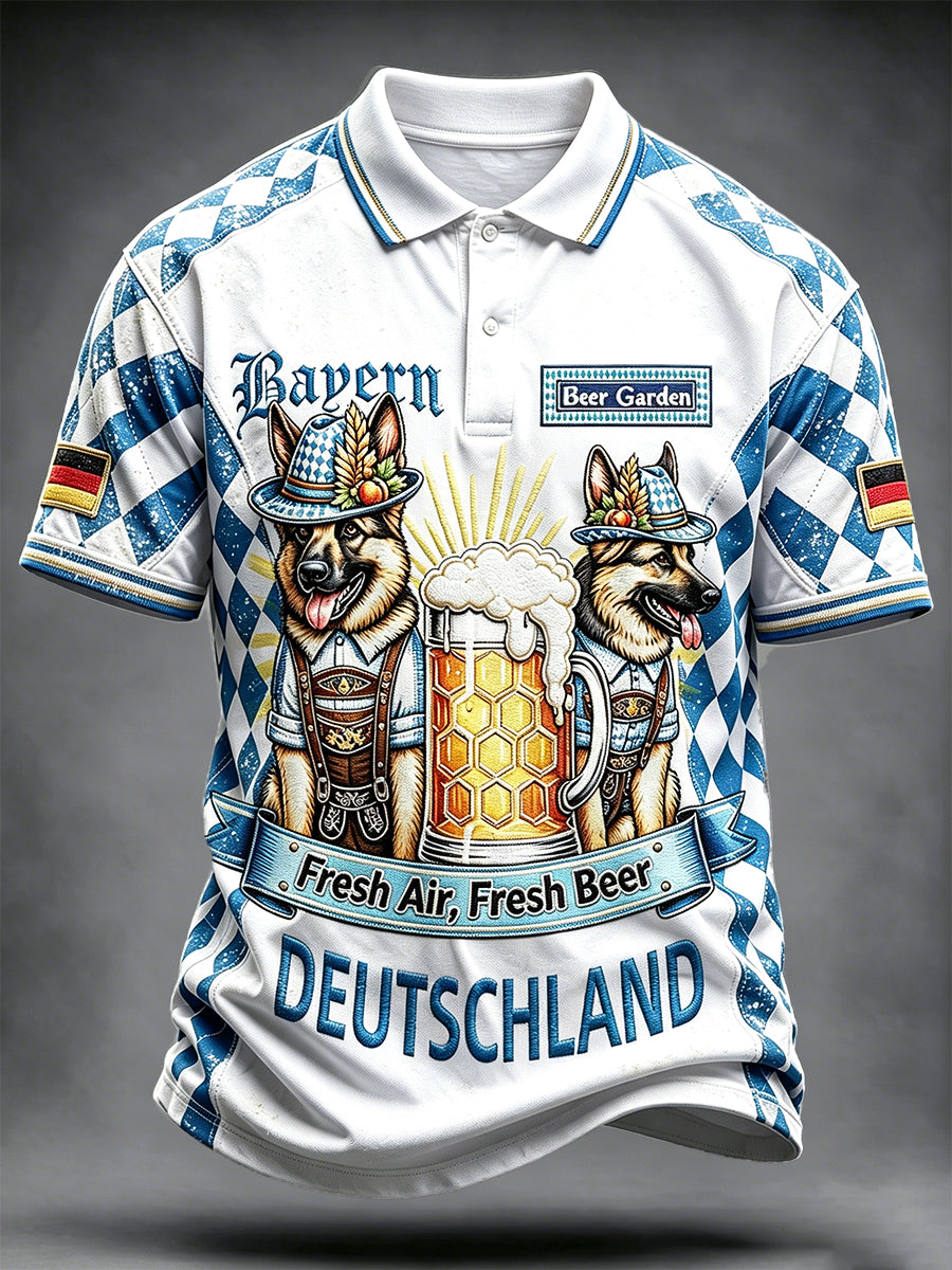 Herren-Bavarian-Dog-Bier-Patchwork-Print Freizeit-Poloshirt