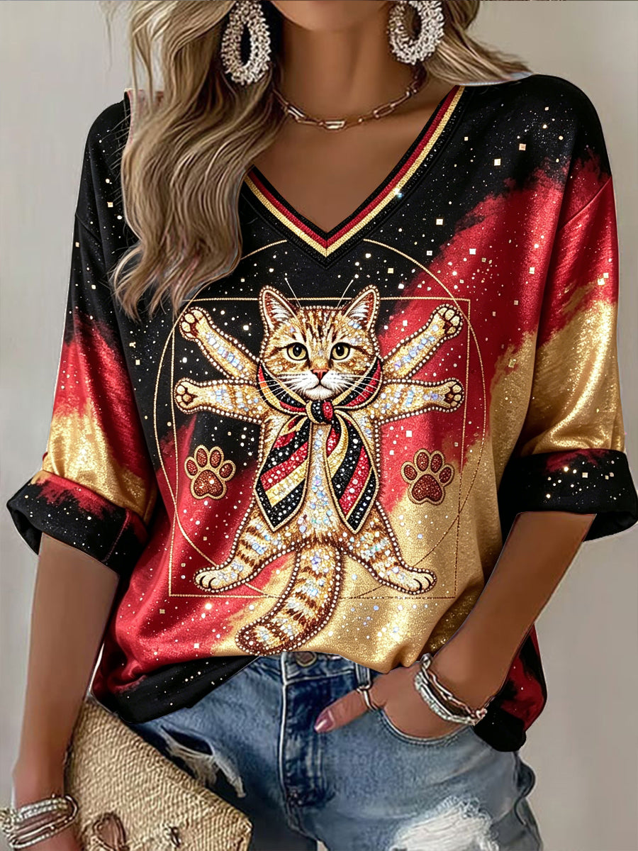 Damen T-Shirt mit V-Ausschnitt, Damen, niedlich, mit Steigung druck