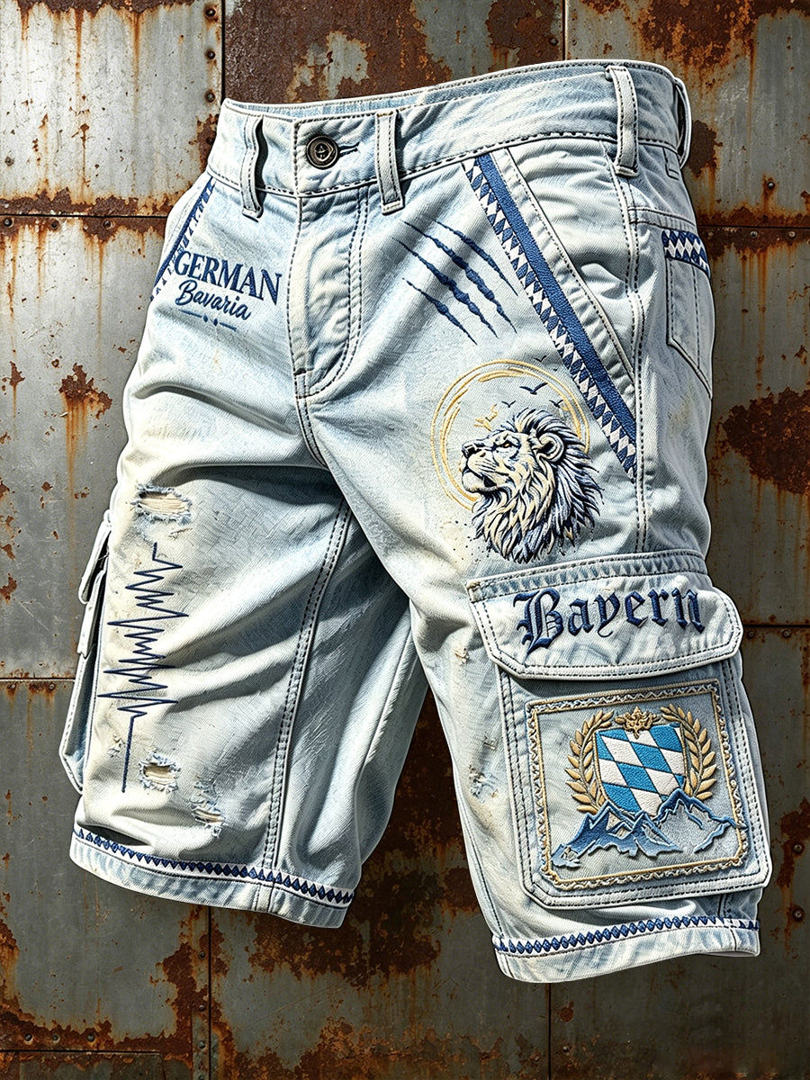 Herren-Bavarian Lion-Print Freizeit-Arbeits shorts im Denim-Stil