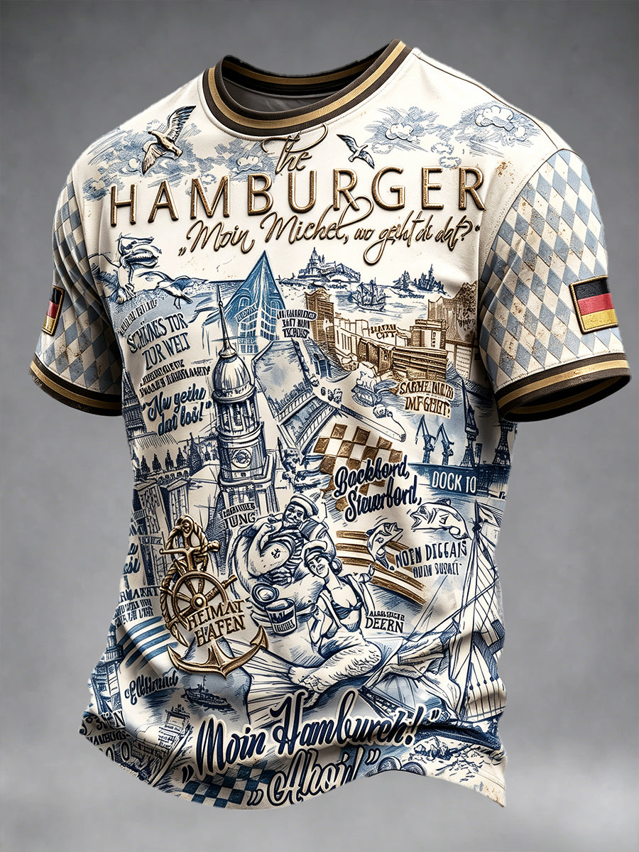 Herren Deutsch Hamburg Graffiti Diamant-Muster Print Casual T-Shirt