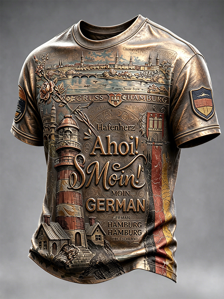 Herren Retro Deutsch Hamburg Metall Textur Print Casual T-Shirt