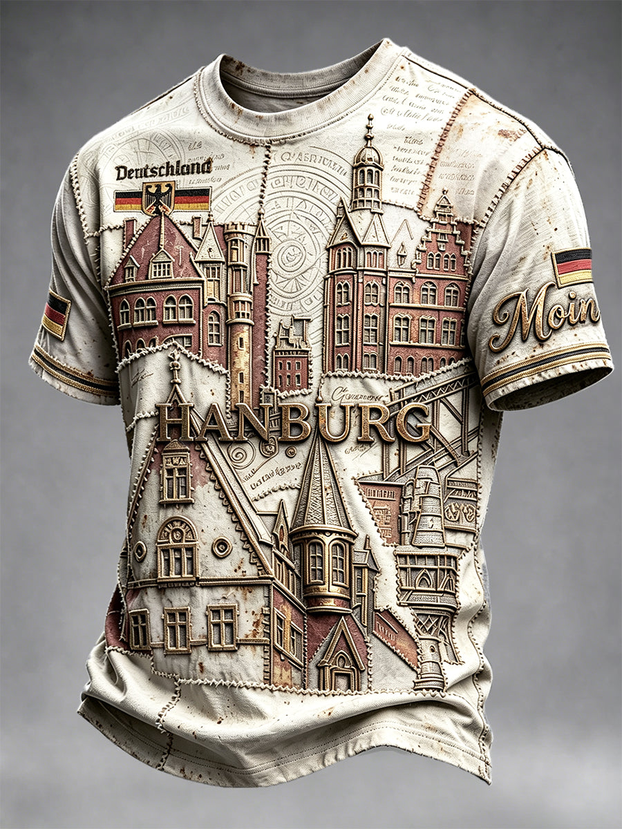 Herren Vintage Weiß Deutsch Hamburg Architektur Print Casual T-Shirt