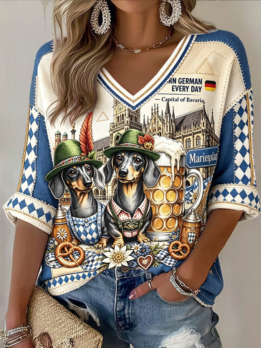 Frauen deutsches Oktoberfest-motiv süßes Hunde-Patchwork-Print lässiges T-Shirt mit V-Ausschnitt