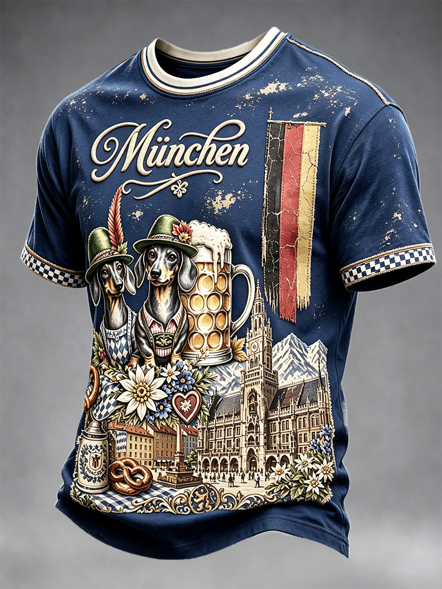 Deutsches Oktoberfest-Hund Deep Blue bedrucktes lässiges T-Shirt für Männer