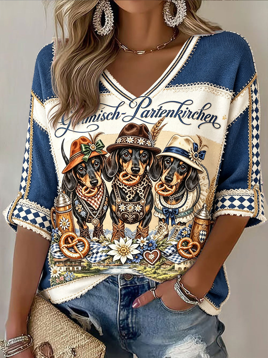 Frauen Deutsches Oktoberfest Bayerischer Hund Patchwork Print Freizeit T-Shirt mit V-Ausschnitt