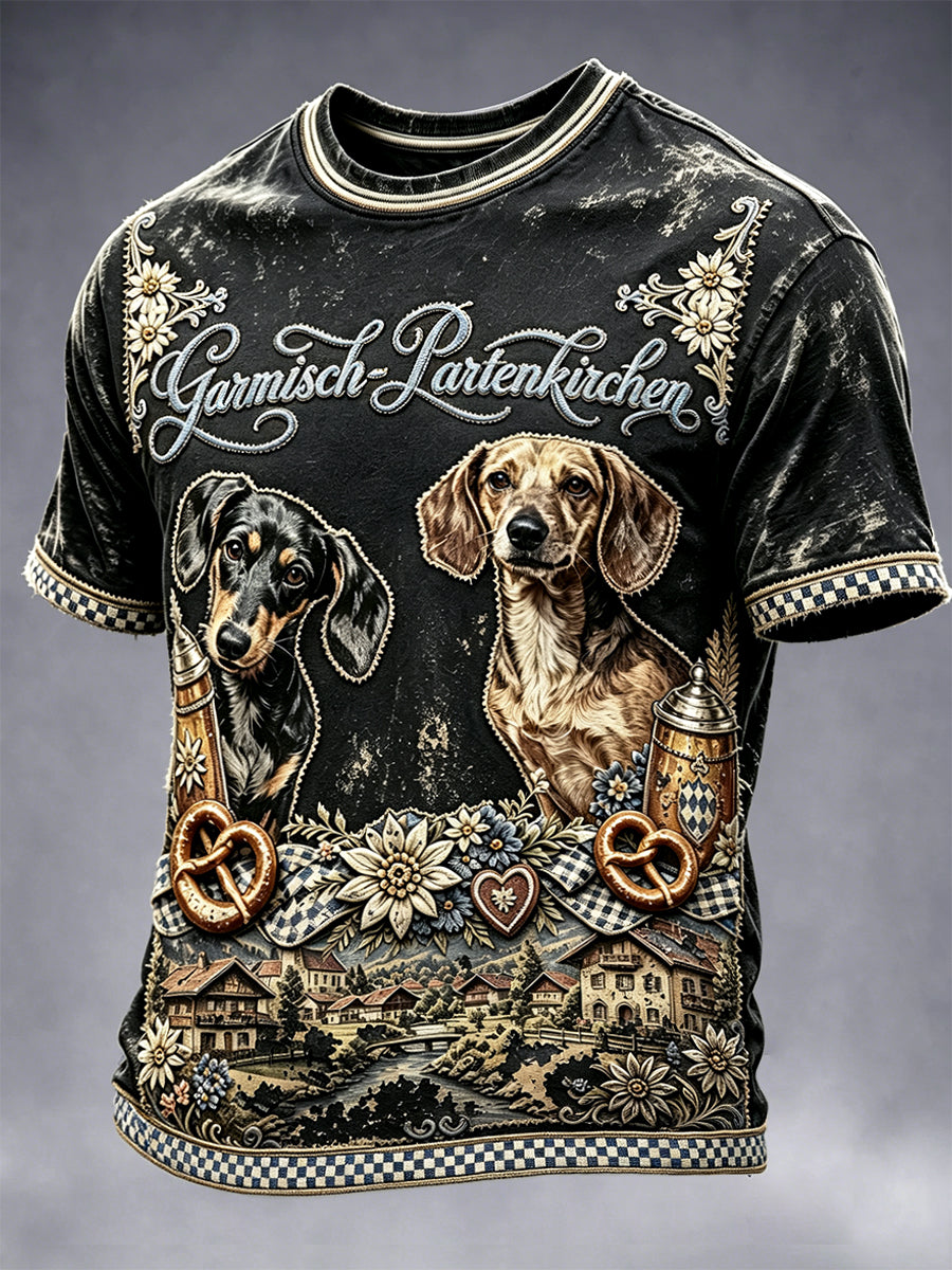 Herren schwarzes deutsches Oktoberfest-T-Shirt mit Hunde druck