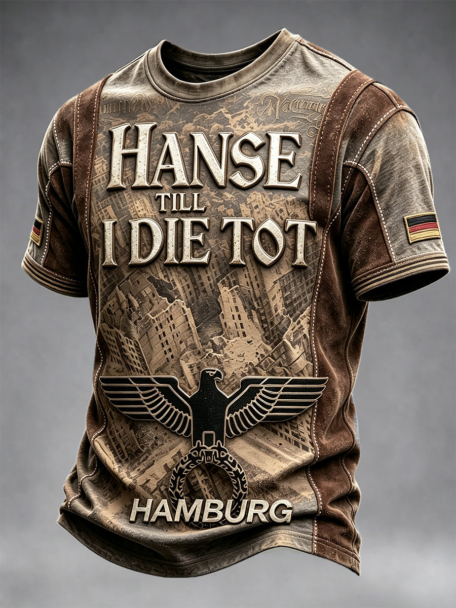 Herren Retro Braun Hamburg Patchwork Print Freizeit T-Shirt