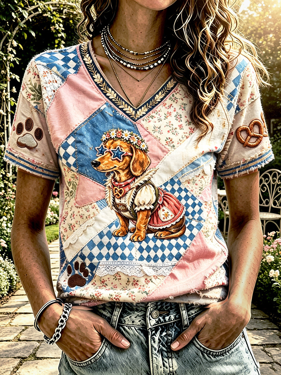 Rosa deutsches Oktoberfest-Damen-T-Shirt mit niedlichem Hund, Retro-Patchwork-Print und lässigem V-Ausschnitt