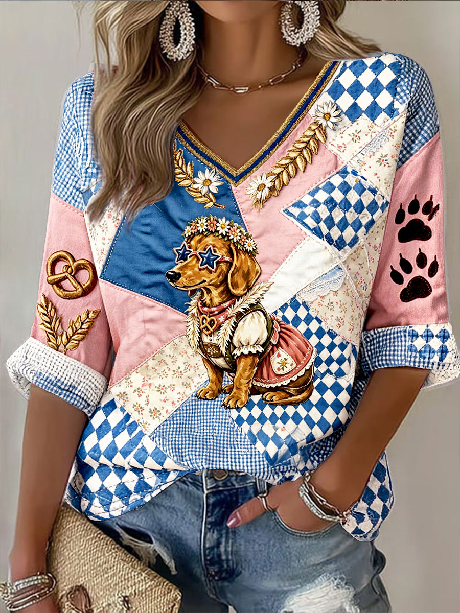 Damen-Oktoberfest-T-Shirt im Dackel-Retro-Look mit Patchwork-Print und lässigem V-Ausschnitt