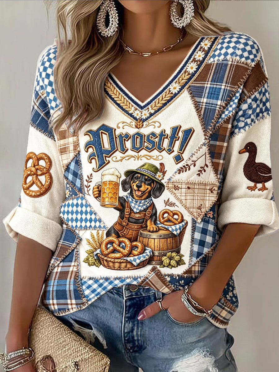 Frauen-Deutsches-Bierfest-niedliches-Hund-Retro-Patchwork-Print-lässiges-V-Ausschnitt-T-Shirt
