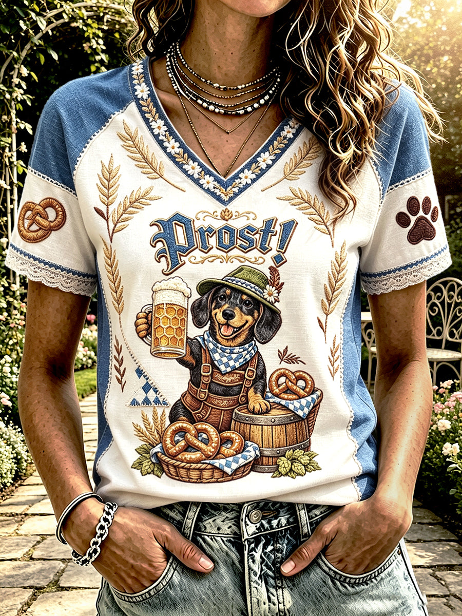 Damen-Oktoberfest-T-Shirt in Weiß mit niedlichem Hunde- und Retro-Patchwork-Print, lässig mit V-Ausschnitt